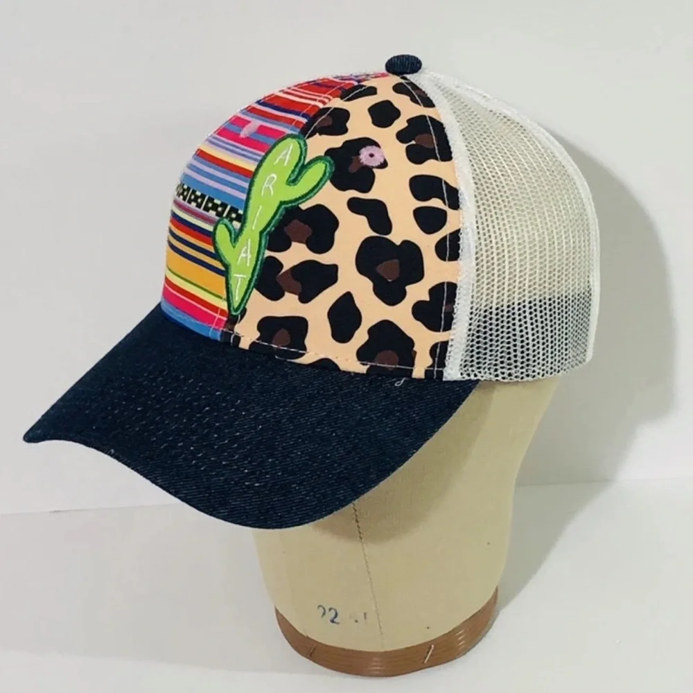 Ariat Serape Leopard Cactus Trucker Hat Denim Bill Western Mesh Snapback Cap OS